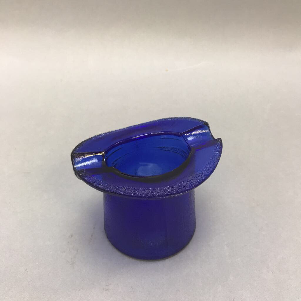 Vintage Cobalt Blue Glass Top Hat Lowell Advertising Ashtray (2.5