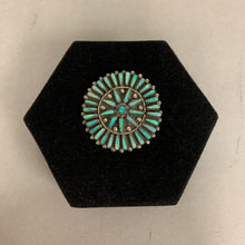 Load image into Gallery viewer, Vintage Zuni Signed Sterling Blue Green Opal Medallion Pin w/ Pendant Bail (1.75&quot;)
