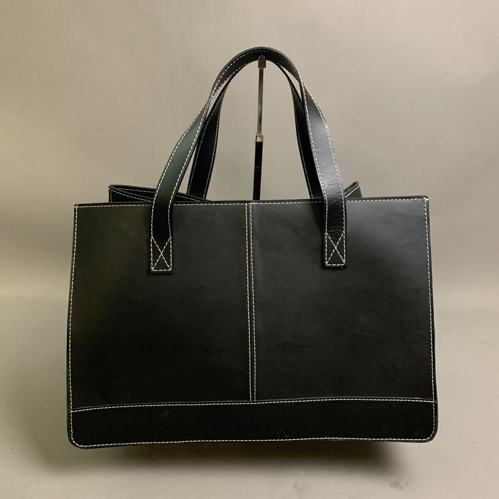 Crate Barrel Black Leather Magazine Tote 11x16x9