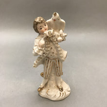 Load image into Gallery viewer, Relco Glazed White Porcelain Gold Leaf Vintage Boy w Bird Figure (6&quot;5)
