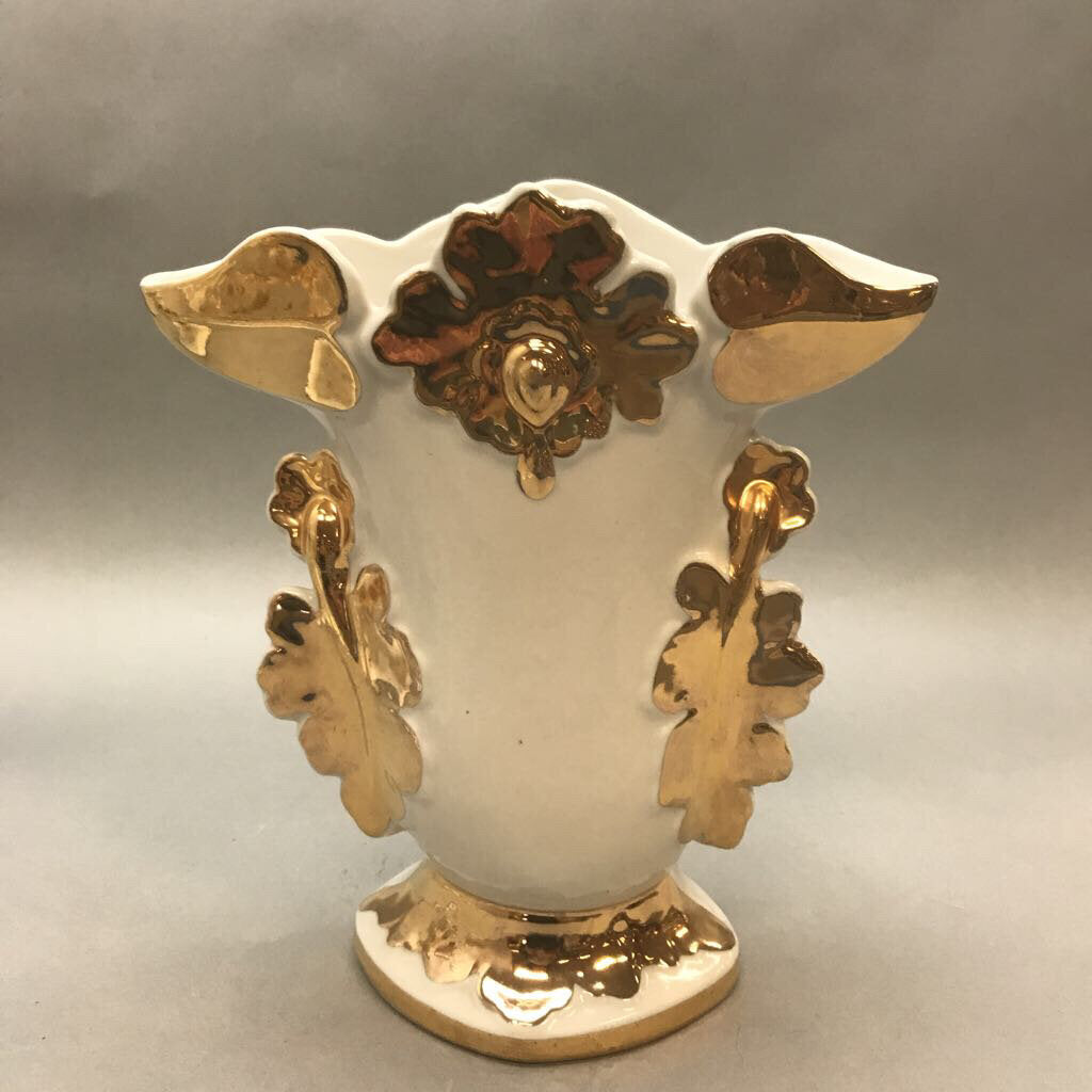 Belgium Glazed White Porcelain Gold Leaf Vintage Vase (9
