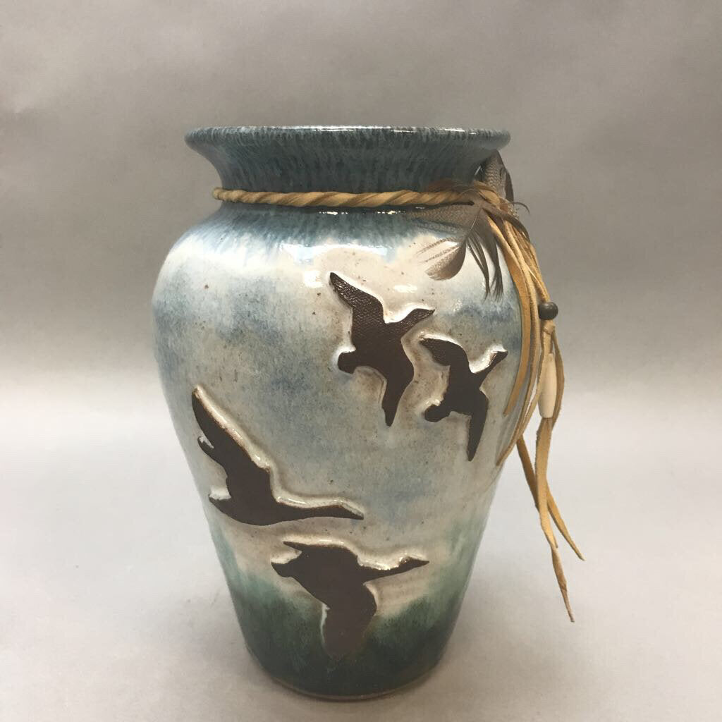 Glazed Blue & Brown Pottery Vase with Ducks & Feathers (8
