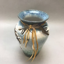 Load image into Gallery viewer, Glazed Blue &amp; Brown Pottery Vase with Ducks &amp; Feathers (8&quot;)
