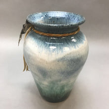 Load image into Gallery viewer, Glazed Blue &amp; Brown Pottery Vase with Ducks &amp; Feathers (8&quot;)
