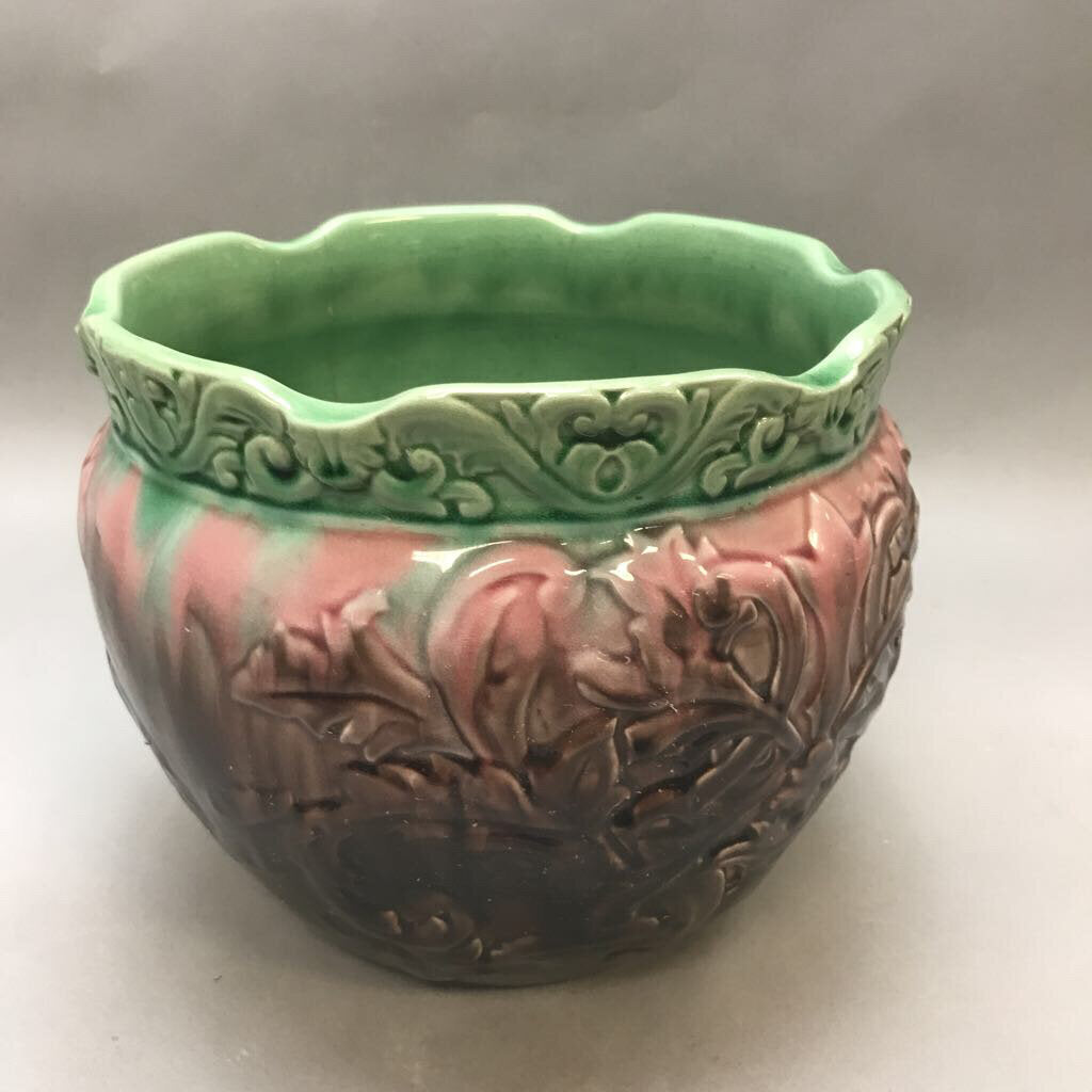 Jardiniere Glazed Ceramic Pot Green Pink As Is (10