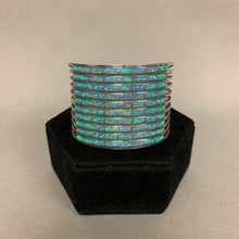 Load image into Gallery viewer, Sterling Blue Green Fire Opal Inlay Zuni Cuff Bracelet Signed ALW
