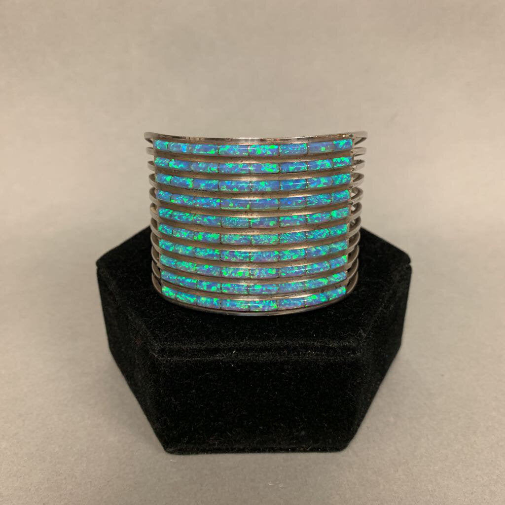 Sterling Blue Green Fire Opal Inlay Zuni Cuff Bracelet Signed ALW