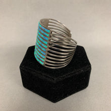 Load image into Gallery viewer, Sterling Blue Green Fire Opal Inlay Zuni Cuff Bracelet Signed ALW
