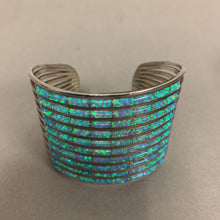 Load image into Gallery viewer, Sterling Blue Green Fire Opal Inlay Zuni Cuff Bracelet Signed ALW
