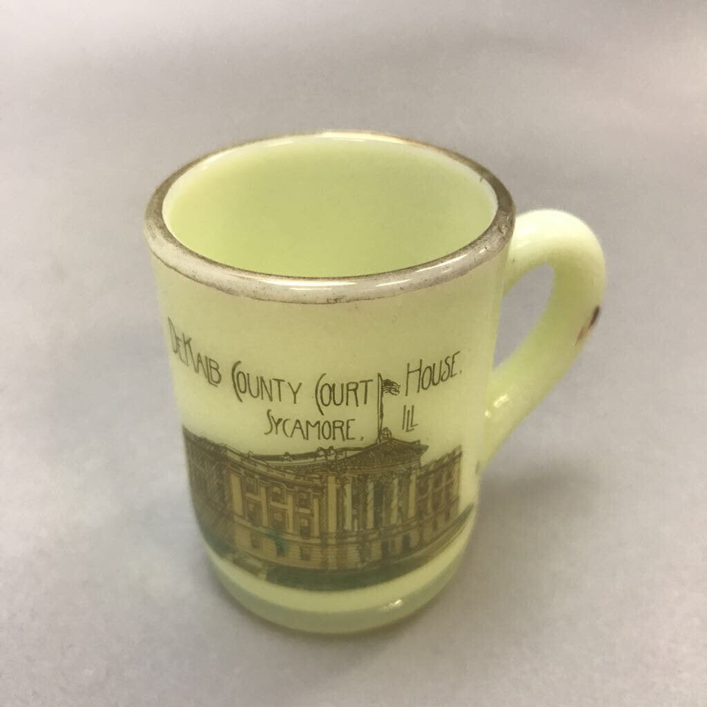 Vintage Souvenir Custard Uranium Glass Toothpick Holder Cup DeKalb County Court House Sycamore, Il (2.25