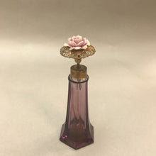 Load image into Gallery viewer, Vintage Purple Glass Perfume Bottle w Celluloid Rose Flower Japan (5&quot;)
