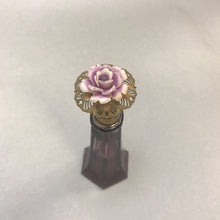 Load image into Gallery viewer, Vintage Purple Glass Perfume Bottle w Celluloid Rose Flower Japan (5&quot;)
