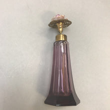 Load image into Gallery viewer, Vintage Purple Glass Perfume Bottle w Celluloid Rose Flower Japan (5&quot;)
