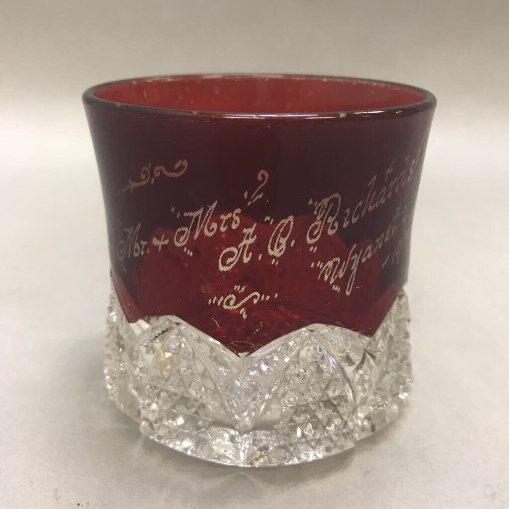 Vintage Ruby Red Flash Souvenir Mr & Mrs Richards Glass (4x4)(As Is)