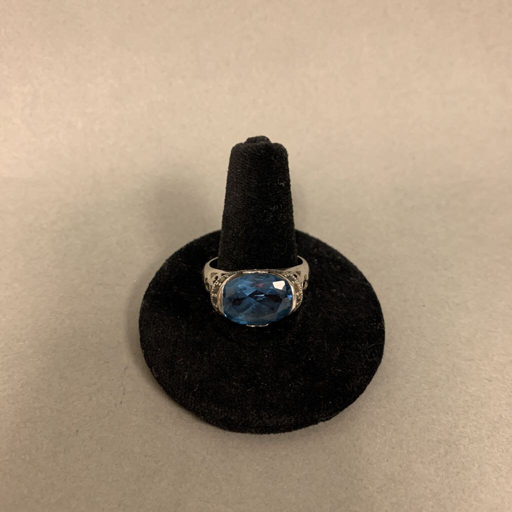 Sterling Blue Topaz Marcasite Ring sz 8