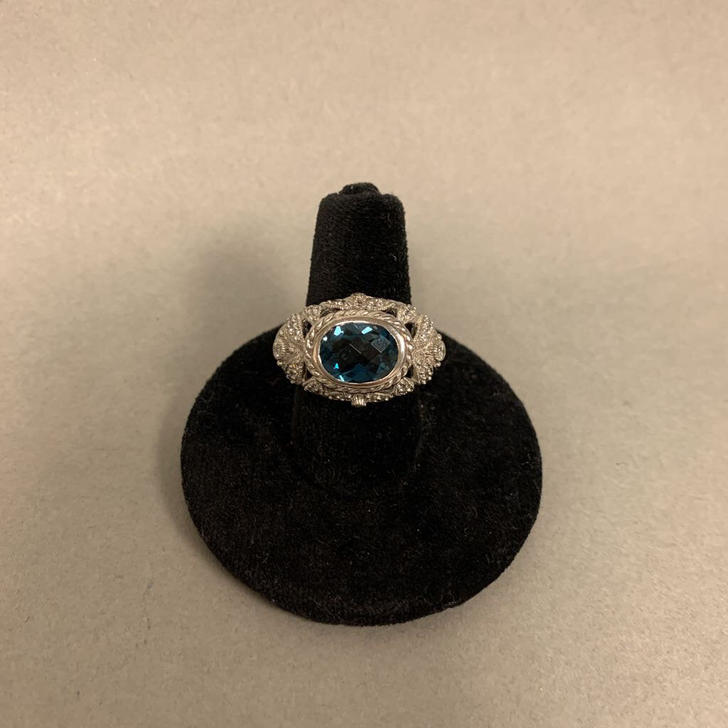 Judith Ripka Sterling London Blue Topaz CZ Ring sz 5