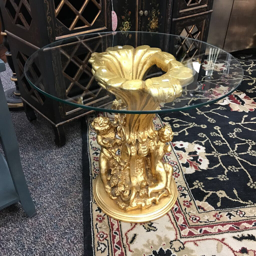 Gold Cupid / Glass Top End Table (20x25x25)