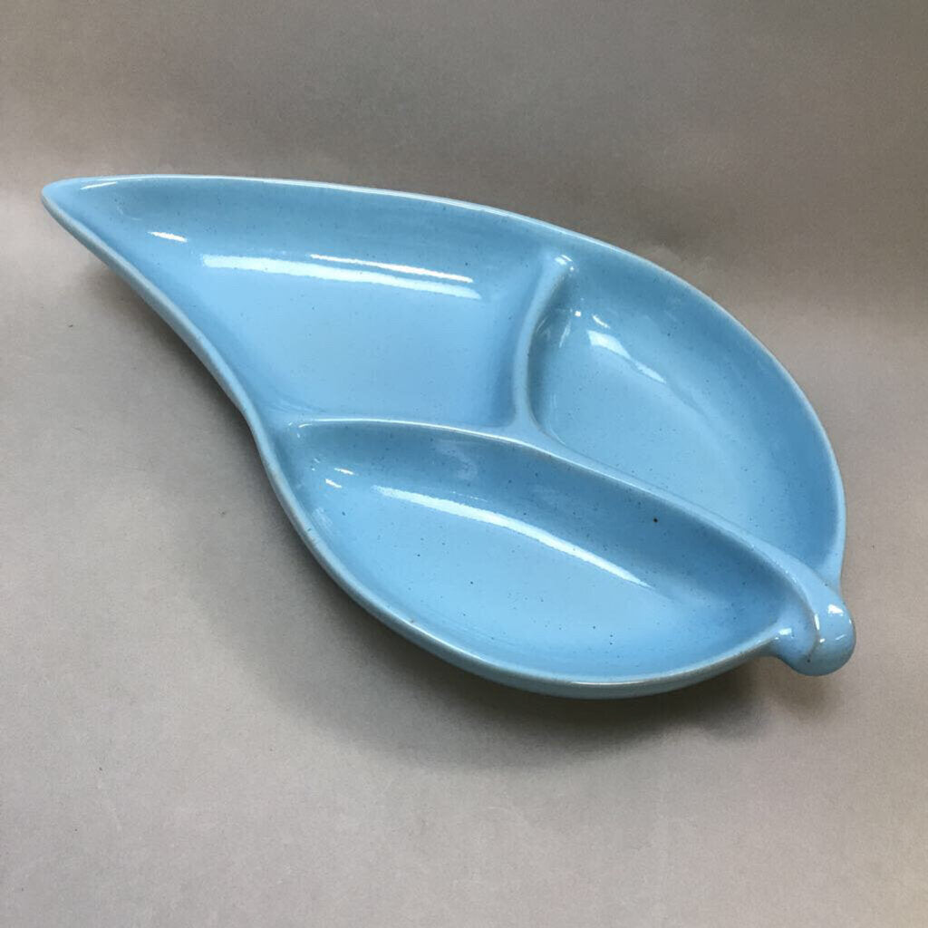 Frankoma Lazy Bones Blue Leaf-Shaped Divided Bowl (12x6.5)