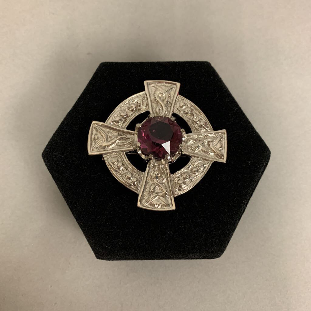 Carrick Jewelry Scotland Silvertone Amethyst Crystal Cross Brooch Pin (2