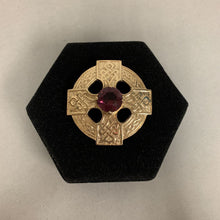 Load image into Gallery viewer, Goldtone Amethyst Crystal Celtic Cross Brooch Pin (2&quot;)
