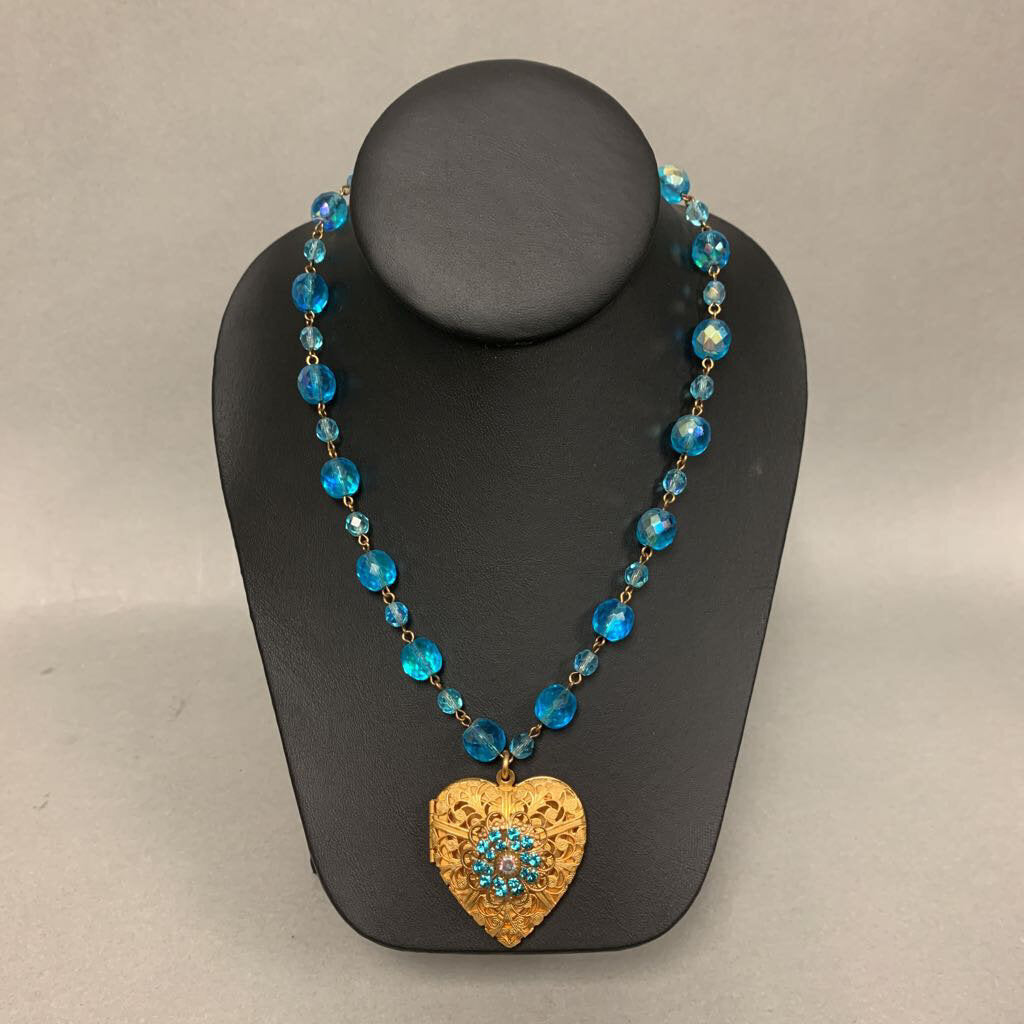 Maximal Art Blue Crystal Beaded Chain Heart Locket Necklace (18