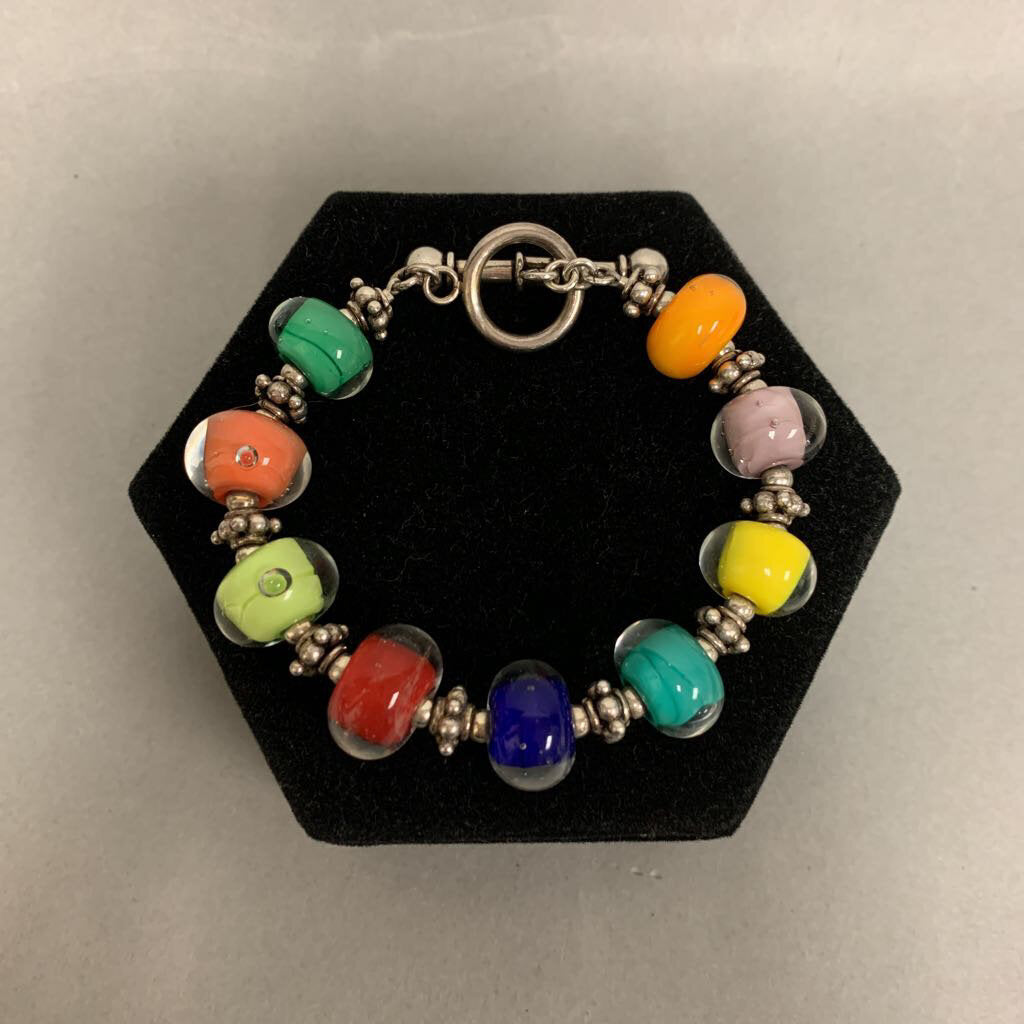 Sterling Rainbow Art Glass Bead Toggle Bracelet (8