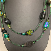 Load image into Gallery viewer, Mei Fa Black &amp; Green Art Glass &amp; Lucite Bead Necklace (44&quot;)
