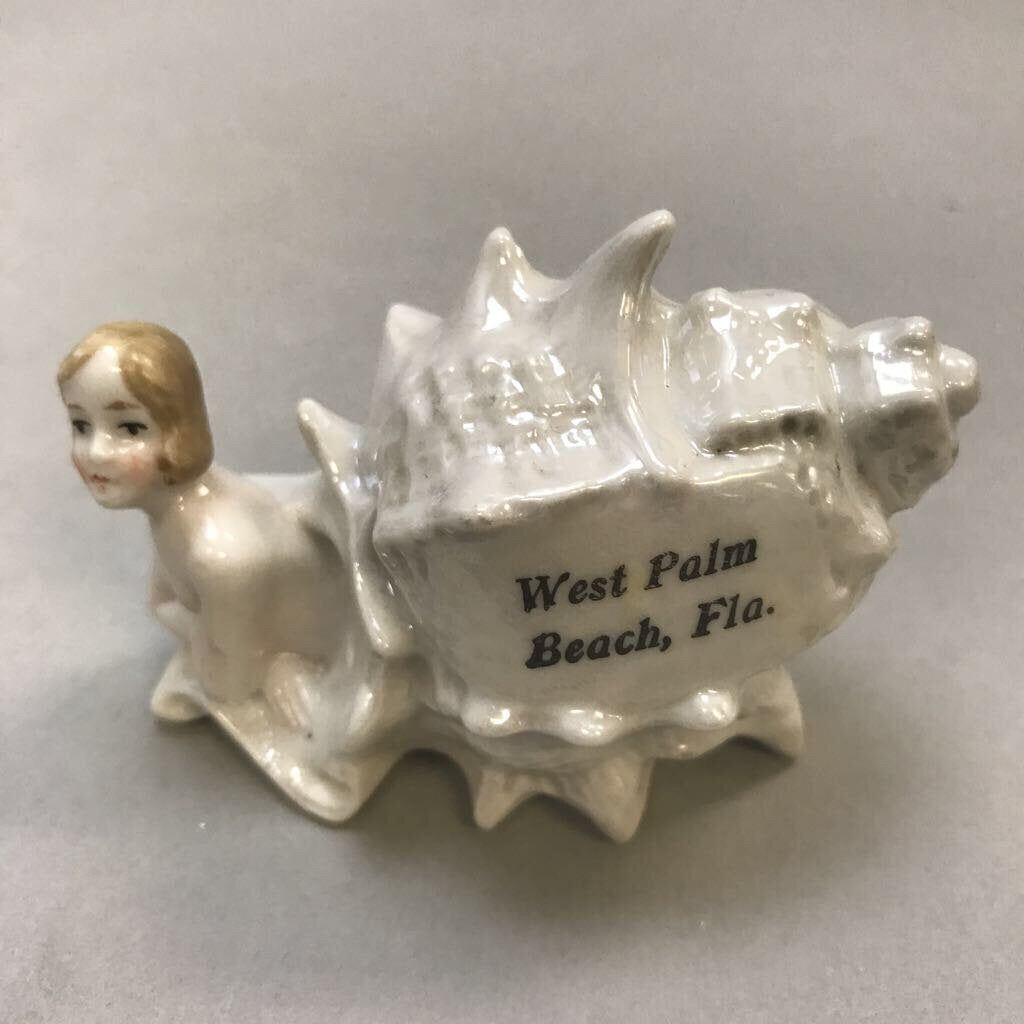 1920s Bathing Beauty On Turtle Figurine Shell Art Seashell Antique