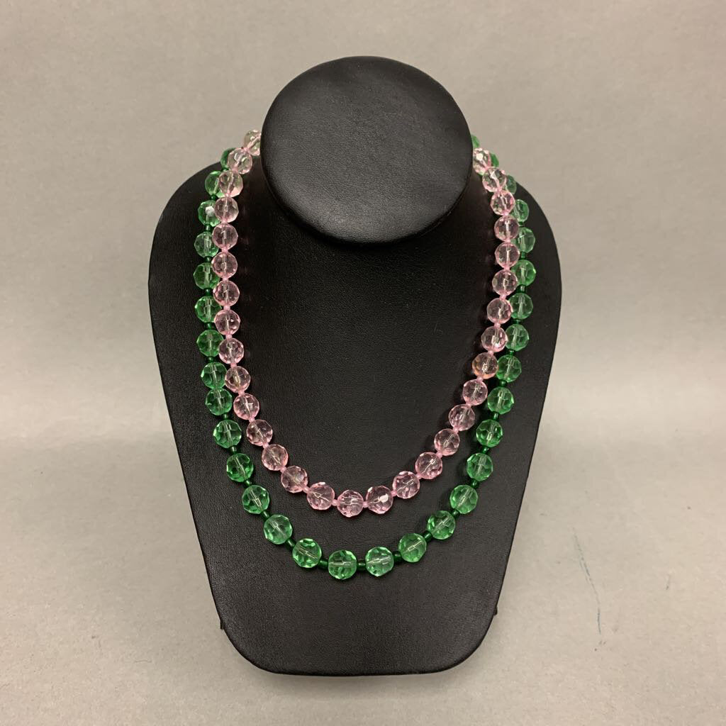 Pink & Green Faceted Glass Bead Layered Necklace (18