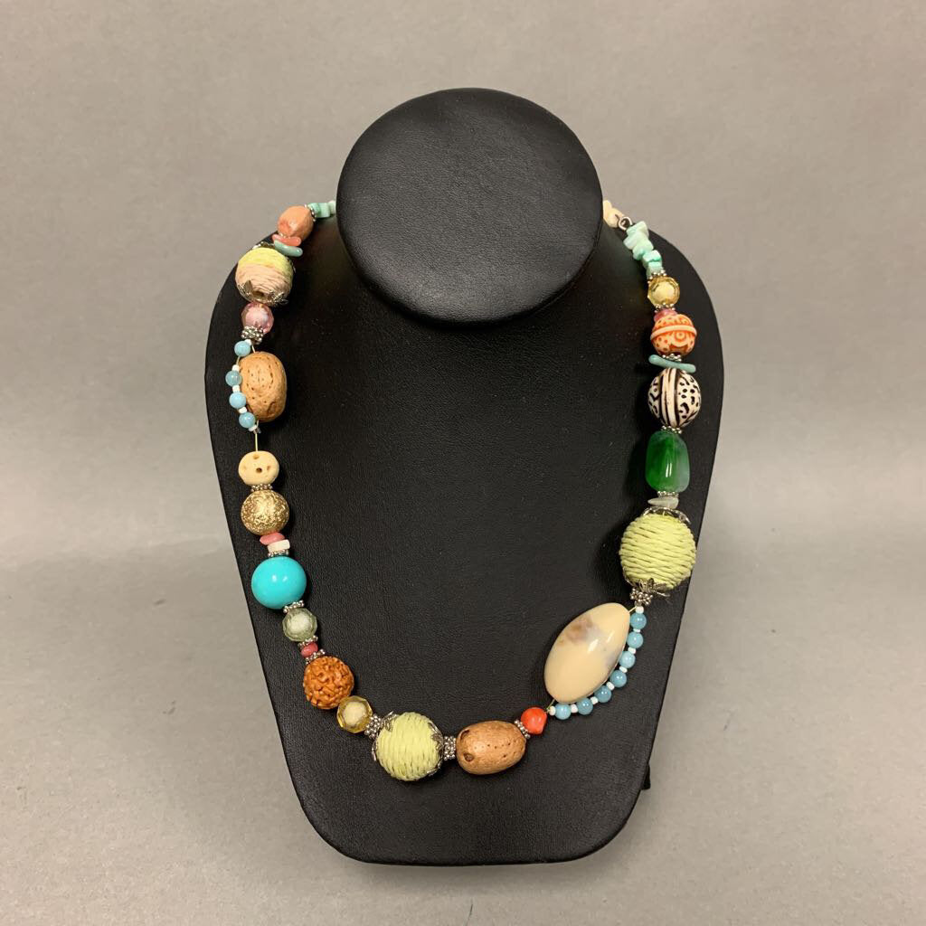 Mixed Media Stone Nut Textile & Resin Beaded Necklace (22