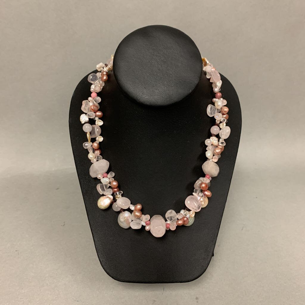 18” deals freshwater pearl necklace with hot pink quartz druzy pendant encased in Precious Metal Clay (99.9% silver)