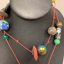 Load image into Gallery viewer, Art Glass &amp; Resin Beads on Red Cord Necklace (32&quot;)
