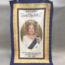 Load image into Gallery viewer, Vintage Queen Elizabeth II Golden Jubilee Tea Towel by Vista UK 1952-2002 (29x19)
