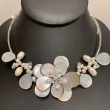 Load image into Gallery viewer, Gray Mother of Pearl &amp; Freshwater Pearl Floral Choker Necklace (19&quot;)
