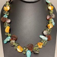 Load image into Gallery viewer, Blue Green &amp; Gold Glass Pearl &amp; Shell Bead Necklace (18&quot;)
