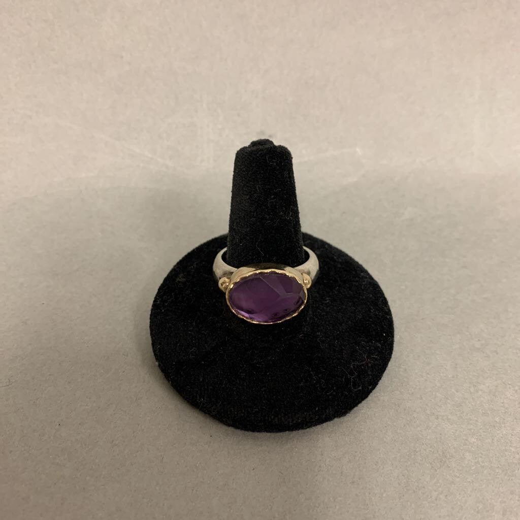 Sterling Oval Amethyst Hammered Texture Ring sz 8