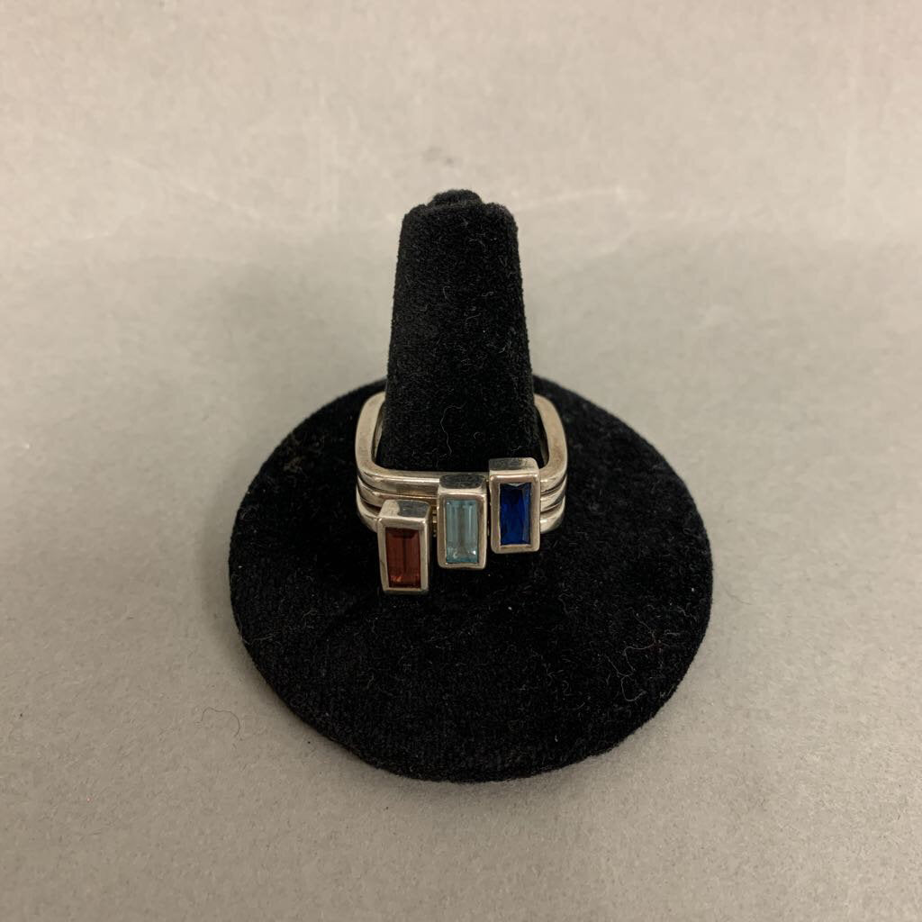 Karthia Sterling Garnet & Blue Topaz Square Stacking Rings sz 8